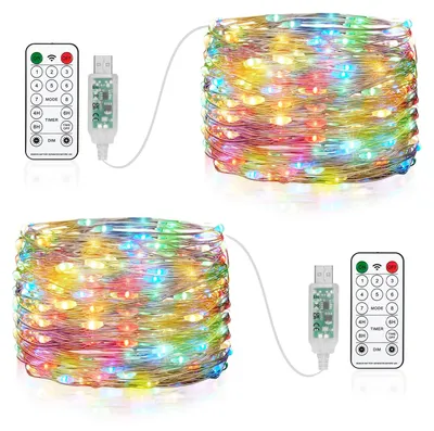 LED-Lichterkette 2er-Pack, 10 m, 100 LEDs, USB, IP65, 8 Modi, Timer