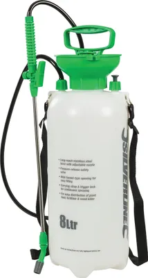 Produktbild von Silverline Drucksprüher 8 L, Edelstahl, mit verstellbarem Schultergurt, Abzugsverriegelung, Sicherheitsventil, verstellbarer Sprühdüse und ergonomischem Tragegriff, für wasserbasierte Flüssigkeiten, inkl. Ersatz-Dichtungen