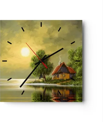 Produktbild von Wanduhr - Quadrat - Glasuhr - Boot Wasser Hütte - 40x40cm - Schleichendes Uhrwerk - Lautlos - zum Aufhängen bereit - Dekoration Modern - Wanddekoration aus Glas - C3AC40x40-3498