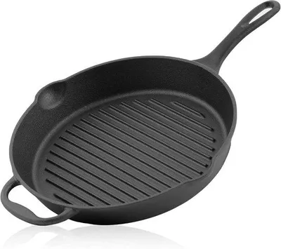 Produktbild von Famanu Bratpfanne mit Handgriff und zwei Ausgüssen - Gerippte Grillpfanne aus Gusseisen