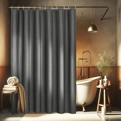 Produktbild von Duschvorhang 180 x 200 cm, strukturiertes Leinen, dunkelgrau, wasserdicht, Badezimmervorhang, schwer,  schimmelresistent, waschbar, mit 12 Ringen