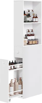 Produktbild von Schmaler, hoher Badschrank – Freistehender Aufbewahrungsschrank mit Schubladen – MDF – 40 x 18 x 134,4 cm