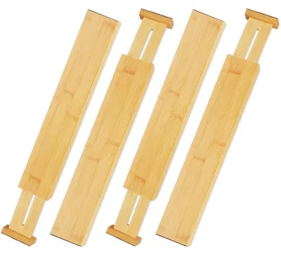 Produktbild von 4er-Set Schubladeneinsätze aus Bambus, verstellbare Möbeleinsätze für Besteck und Schreibtisch, 6 x 1,5 x 56 cm, Natur