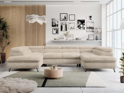 Produktbild von Wohnzimmersofa U-form, Eckcouch, Schlaffunktion und Bettkasten - PETER U - Plüsch - Creme