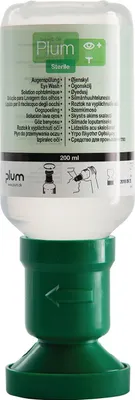 A bottle of Plum eye wash solution with its green applicator cap.