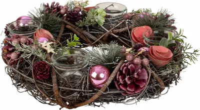 Produktbild von Weihnachtlicher Adventskranz rund mit rosa/grün/brauner Dekoration für Teelichter Durchmesser 34 cm
