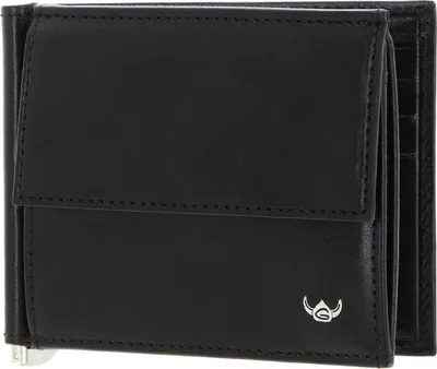 A black leather wallet with a money clip and a coin pocket is shown.