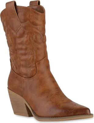 Produktbild von VAN HILL Damen Cowboystiefel, Hellbraun, Größe 36, Spitze Form, Zierperlen, Trichterabsatz, Reißverschluss, Kunstleder, Stoff, Frühling Herbst