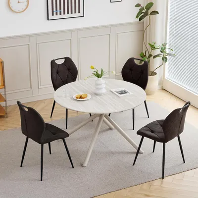 Produktbild von Esszimmer-Set mit Tisch und 4 Stühlen, 115 cm runder Tisch, Leinenbezug, Hellgrau + Schwarz