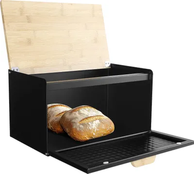 Produktbild von Navaris Brotkasten Metall Groß Schwarz - Brotbox Küche mit Bambus Deckel - Praktische Aufbewahrung Brot - Brotaufbewahrungsbox - Bread Box - Brotkiste