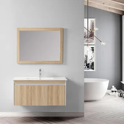 Image de Ensemble de salle de bain bois et blanc 99 cm