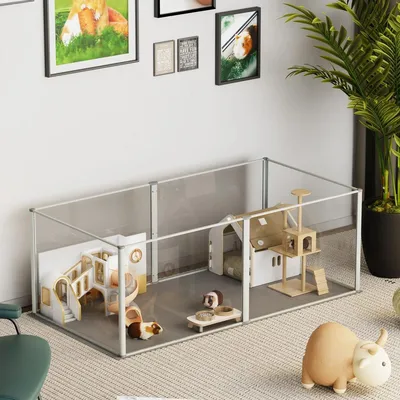 Image de Cage pour rongeurs en acrylique - Cage pour petits animaux, cobayes, hamsters, lapins - 6 panneaux - 124x63x40 cm
