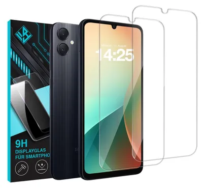 A smartphone and two screen protectors are displayed against a white background, with packaging on the left.