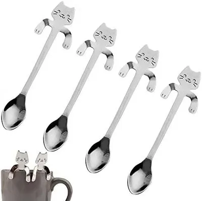 Produktbild von 4 Stück Katze Kaffee Löffel Set, Edelstahl Kätzchen Hängendes Design Teelöffel Dessertlöffel für Wasser Tee Milch Kaffee Dessert Drink Mischen Milchshake