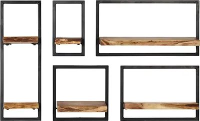 A set of five wall shelves with black metal frames and natural wood shelves, arranged against a white background.
