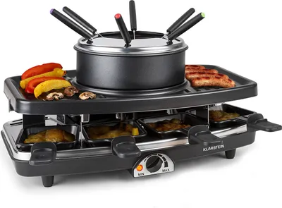 Image de Klarstein Appareil a Raclette et Fondue 3-en-1, Machine a Raclette avec Pierrade de 1100W, Gril en Pierre, Appareil Raclette pour 8 Personnes, Poelon Raclette, Fourchettes à Fondue, Service Raclette