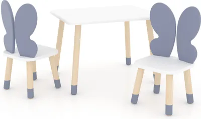 Produktbild von DEKORMANDA – Kindertisch mit Stühlen – Möbel für ein Kinderzimmer – Stühle in Form von Schmetterlingsflügeln für kleine Tierliebhaber – weißer Kindertisch 65 x 50 cm mit 2 Stühlen – ein Set aus Tisch und zwei Stühlen für Kinder, perfekt zum Lernen und spielen
