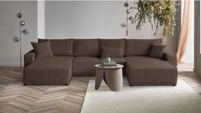 Produktbild von U-Form Ecksofa Primo U Polsterecke für Wohnzimmer mit Schlaffunktion und Bettkasten Eckcouch aus Cordstoff, Stoff: poso 06 - braun