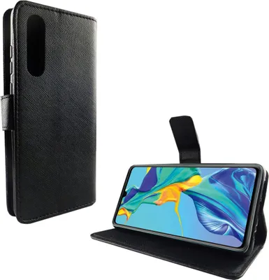 A black flip case for a Huawei P30 phone is shown, with the phone inserted and open.