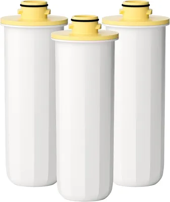 Three white water filter cartridges with yellow tops and black seals are arranged in a row against a white background.