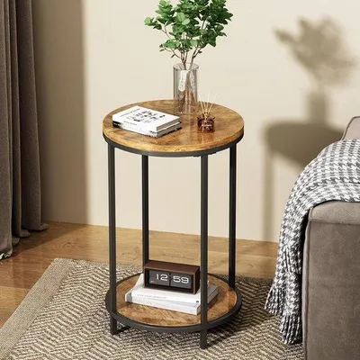 Productafbeelding van Famanu bijzettafel met 2 plateaus - Ronde vorm, hout met metalen frame
