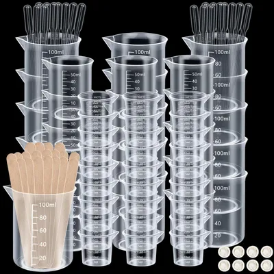 Image de Ensemble de béchers de précision pour résine époxy, 106 pièces, contenances 30/50/100 ml, avec agitateurs et pipettes