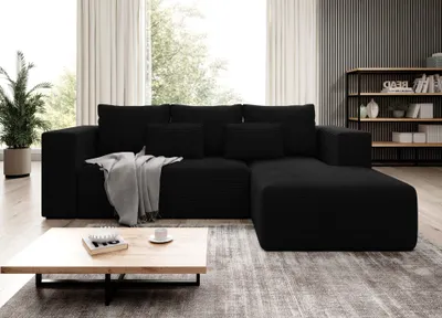 Produktbild von Easy4You Ecksofa Schwarz Stripes L-Form in Kord – 255 cm - Schlafsofa mit Bettzeugbehälter und Schlaffunktion - Eckcouch mit Stauraum - Rechts –  Stoff Kord POSO 135