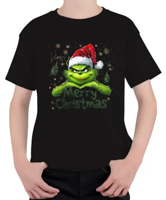 Produktbild von Grinch Merry Christmas Weihnachten Santa Hat Schneeflocke Geschenk Uni Kinder T-Shirt, Schwarz, 116