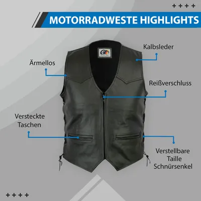 Produktbild von Motorradweste Kutte Lederweste mit Reißverschluss Bikerweste geschnürt, Größe:56/2XL