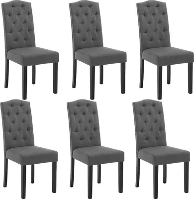 Six dark gray dining chairs are arranged in two rows of three against a white background.