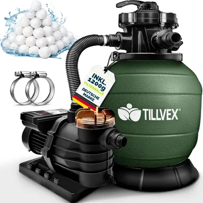 Immagine prodotto di Impianto di filtrazione a sabbia tillvex® per piscina con timer, verde, da 13.200 l/h a 40.000 l + 1200 g di sfere filtranti | Impianto di filtrazione con valvola a 7 vie e adattatore 2 in 1 Ø 32-38 mm | Filtro per piscina autoaspirante | Filtro a sabbia per piscina