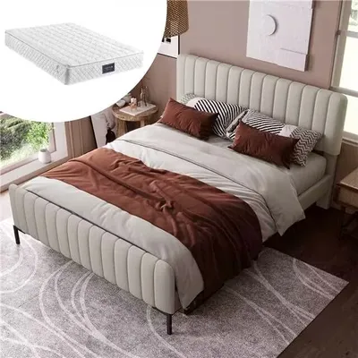 Image de OKWISH Lit double 140x200 - Lit rembourré avec tête de lit capitonnée - Lin - Avec Matelas - Beige