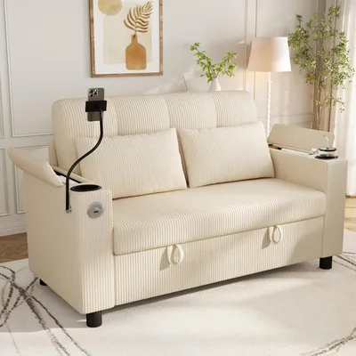 Produktbild von MODFU 2-Sitzer Sofa mit Stauraum, Cordsofa mit USB/Type-C-Ladeanschlüssen und Getränkehaltern, modernes Relaxsofa mit Armlehnen-Staufächern,Beige