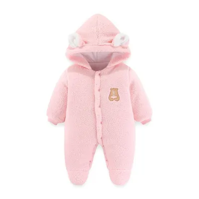 Obrázek produktu pro Dětská zimní kombinéza Bear Outfit Novorozenec Kabátek s kapucí Kojenecký teplý overal Batole fleecová kombinéza, 0-3 měsíce, růžová