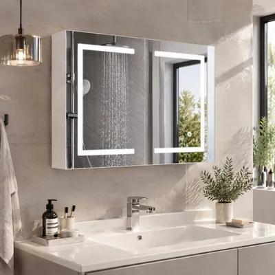 Imagen del producto de INONEFT, armario espejo para baño con iluminación LED, armario espejo para baño de 80 cm de ancho con estantes ajustables, 2 puertas, armario de pared, color blanco