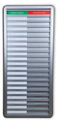 Produktbild von CombiCraft Anwesendheitstafel bzw. Abwesenheitstafel "Anwesend-Abwesend" in einem silberfarbenen Aluminiumschiebeprofil für 20 Personen - 257 x 580 mm