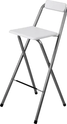 A white folding bar stool with a silver metal frame is shown against a white background.