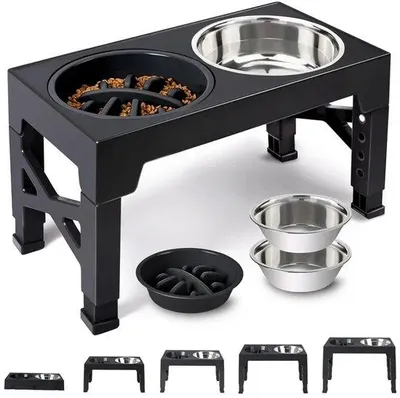 Produktbild von VHV – Erhöhte Futterbox für Hunde – Verstellbare Hundefutterbox mit 4 Höhen – Slow Feeder für Hunde – 2 Edelstahl-Schalen – Rutschfester Futterständer – Für Hunde und Katzen – Schwarz