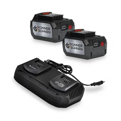 Two battery packs and a charger are displayed against a white background.