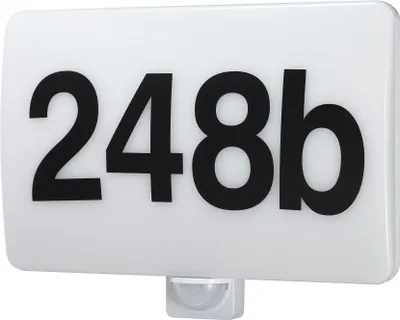 A white LED wall light with the house number "248b" printed in black.