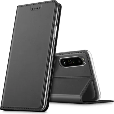 A black flip case for a smartphone is shown from a slightly elevated angle, with the phone partially visible inside the case.