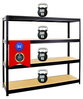 Produktbild von Schwerlastregal DINO | HxBxT 180x180x60cm | 4 MDF-Platten-Ebenen 6,5 mm | Fachlast 500kg | Schwarz