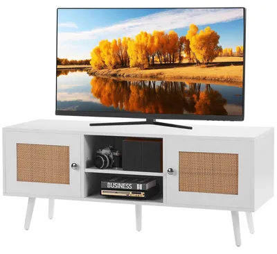 Immagine prodotto di Porta TV in rattan VEVOR, mobile TV boho per TV da 140 cm, porta TV retrò, console TV in rattan con ripiani regolabili e 2 ante, per soggiorno, sala multimediale, bianco