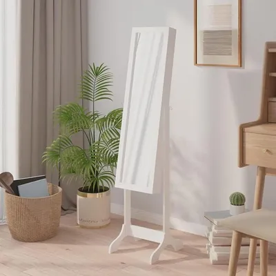 Zdjęcie produktu dla Lustro stojące, białe, 34 x 37 x 146 cm, komoda na biżuterię, szafka na biżuterię, lustro stojące w pełnej wysokości, organizer na biżuterię z zamkiem