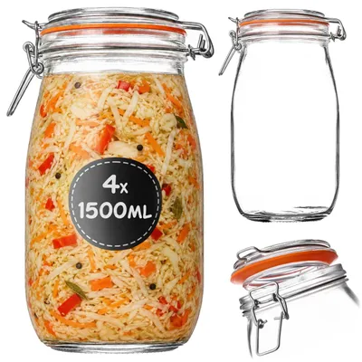 Produktbild von KADAX Einmachgläser 1,5L mit Bügelverschluss, 4er Set, Bügelgläser mit Gummidichtung und Glasdeckel, Gurkengläser, Vorratsgläser aus Glas, Fermentiergläser