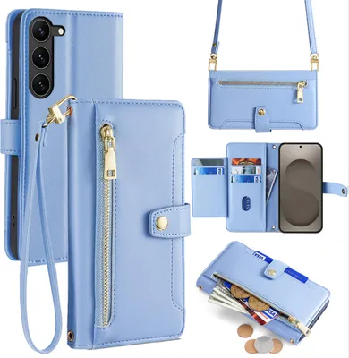 Produktbild von Handykette Samsung Galaxy S26 Hülle mit Band Handyhülle Kartenfächer Kunstleder Umhängetasche in Hellblau