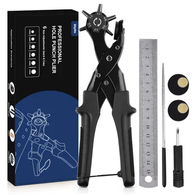 Produktbild von Revolvertang mit mehreren Lochgrößen, 2 Ponsplatten, inklusive Lineal, für Leder und Gummi