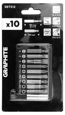 Zdjęcie produktu dla Zestaw bitów SL4/6/8, PH1/2/3, PZ1/2/3 długości 50 mm z uchwytem magnetycznym 60 mm, 10 sztuk