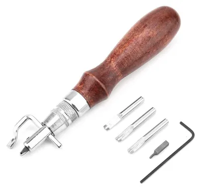Produktbild von 5-in-1-Multifunktionswerkzeug für Lederverarbeitung - Einstellbarer Nahtversenker und Lederhobel - Zum Stanzen und Rillen von Gürteln und Lederwaren
