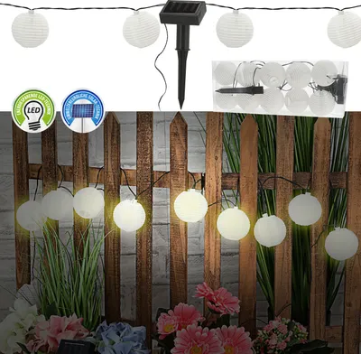 Produktbild von LED Solar Lampion Girlande mit 10 Lampions Ø7cm 185cm weiß 10 LEDs warmweiß Polyester Kunststoff Lichterkette Kugeln Ballons